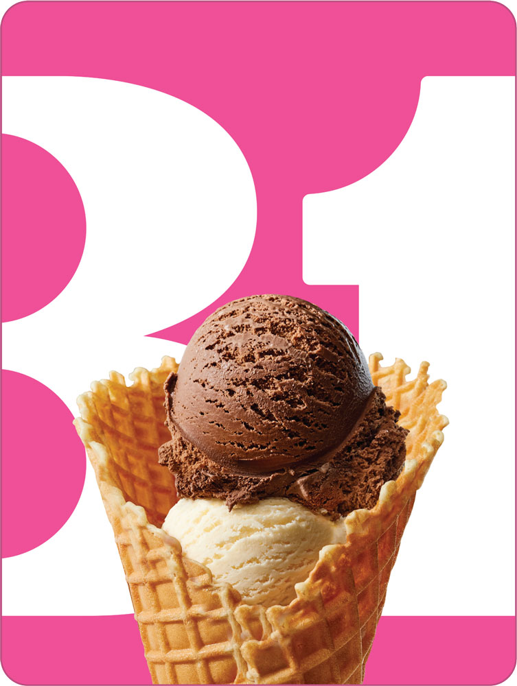 A scoop of chocolate ice cream on top of vanilla ice cream in a waffle cone against a pink backdrop with a large number "32" graphic.