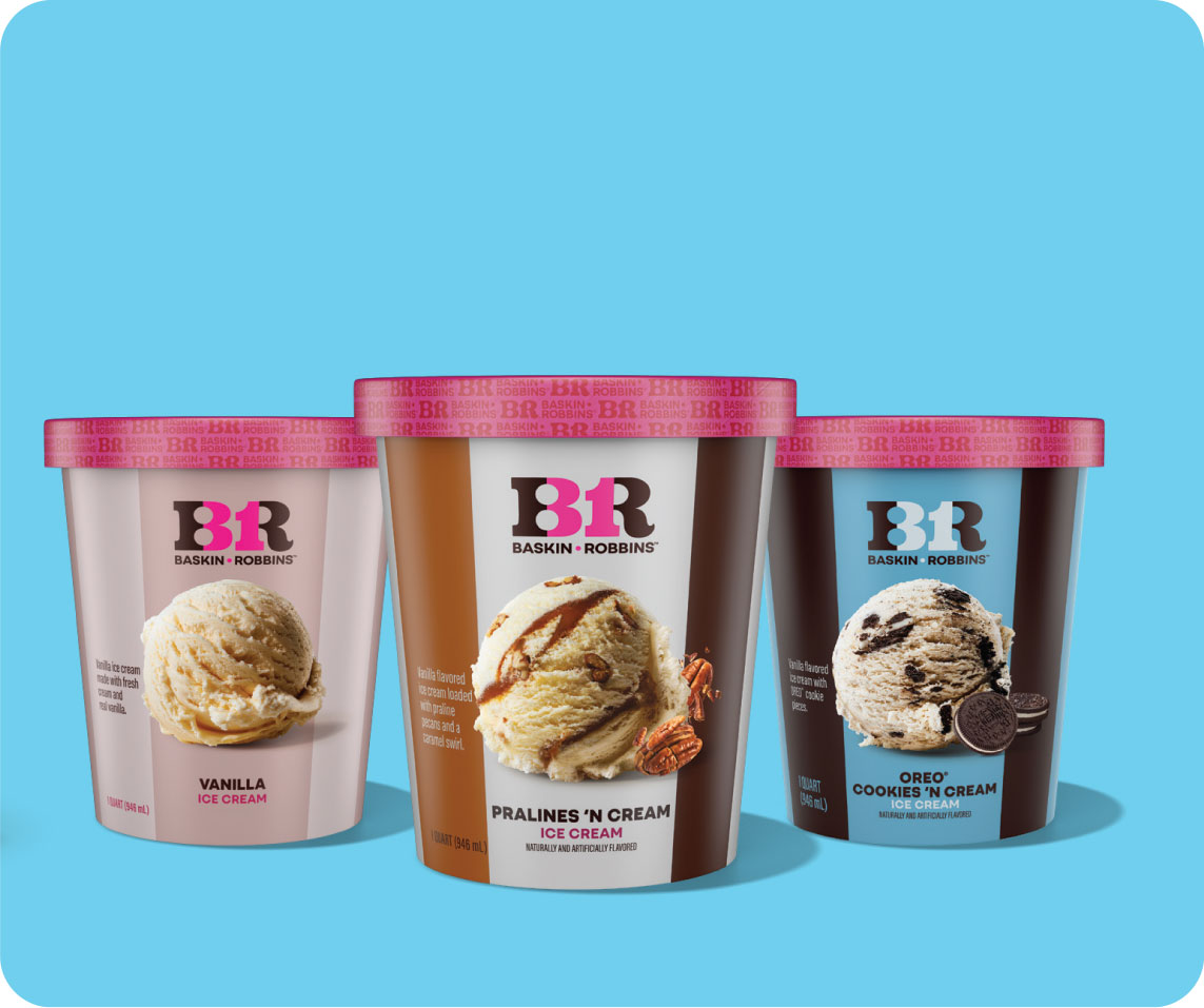 Three baskin-robbins ice cream tubs, featuring vanilla, pralines 'n cream, and cookies 'n cream flavors, against a blue background.