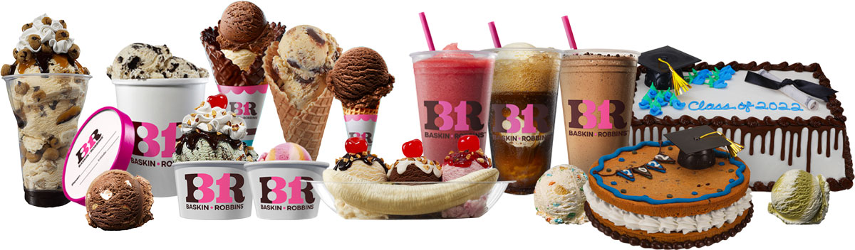 Assorted baskin-robbins ice cream products, including scoops, sundaes, milkshakes, and a decorative cake, displayed in a row.