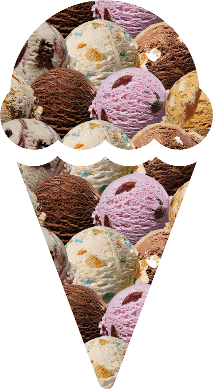 Assorted scoops of ice cream in a cone-shaped arrangement with various flavors visible, including chocolate, vanilla, and berry.