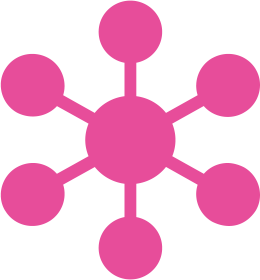 Pink icon of a molecule or atom with a central circle connected to six surrounding circles.