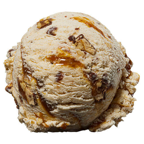 A scoop of caramel pecan ice cream isolated on a white background.