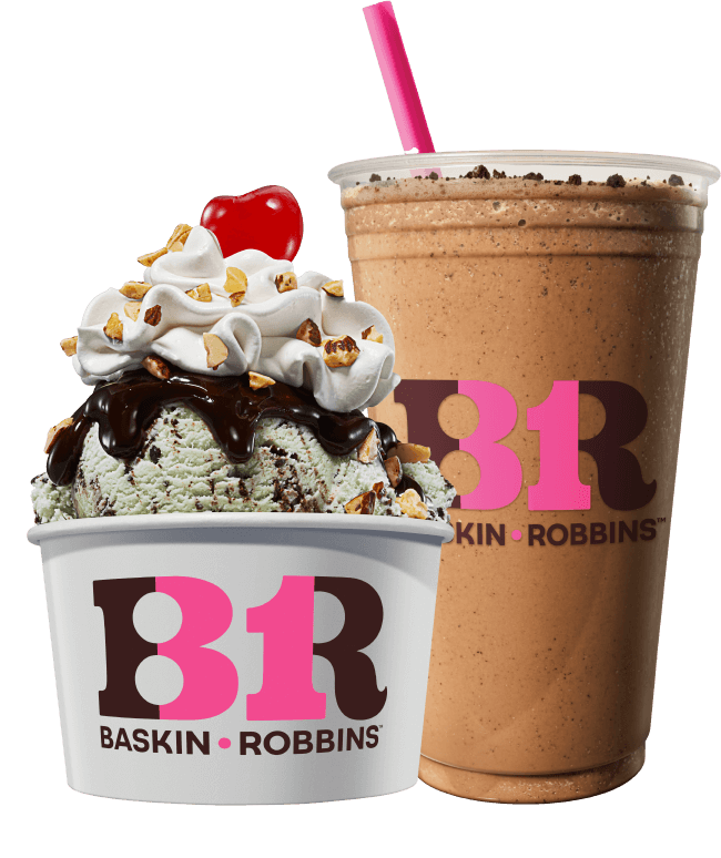 Baskin Robbins products, ice cream sundae and milkshake