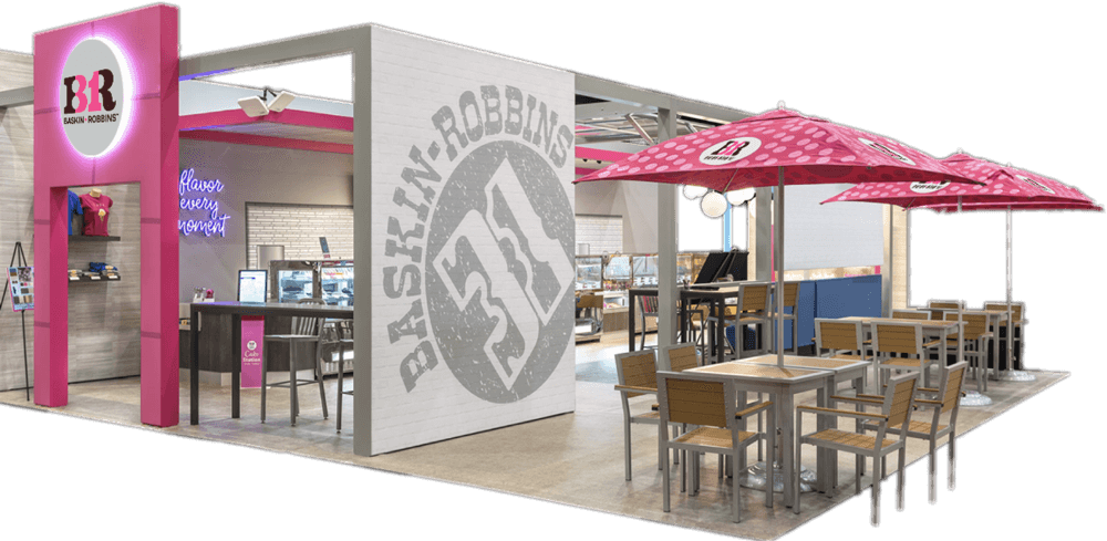 3d render of a baskin-robbins ice cream shop setup with a service counter, pink umbrellas, seating area, and branded decor.