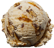 A single scoop of caramel pecan ice cream with visible chunks of nuts and swirls of caramel sauce.