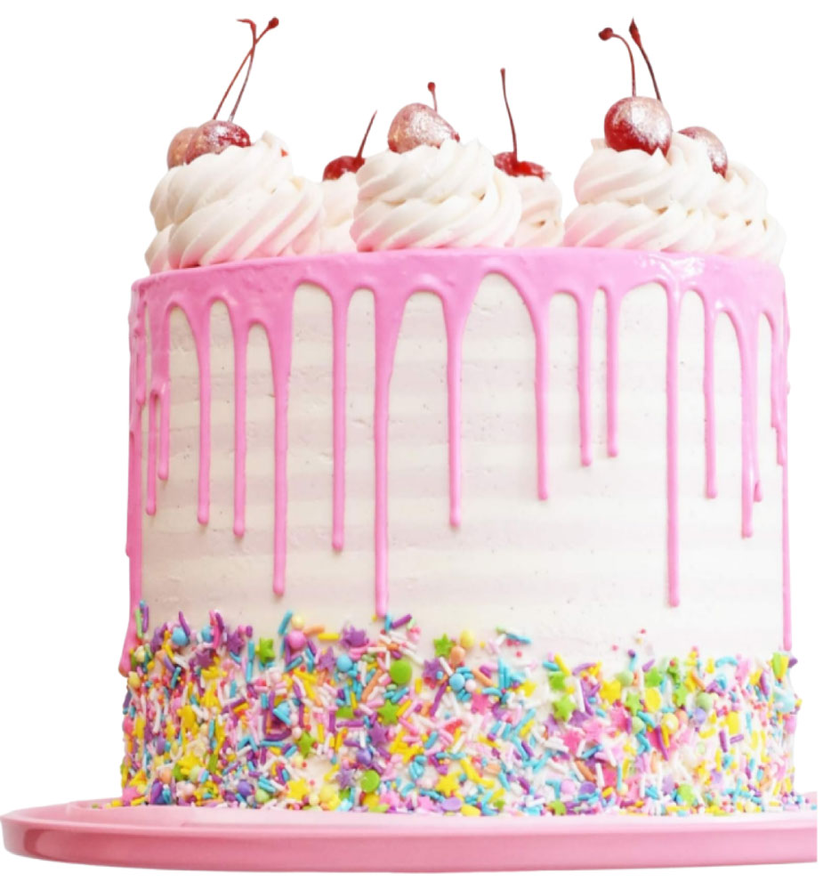 A pink drip cake with whipped cream toppings and cherries, decorated with colorful sprinkles on a pink plate.