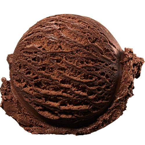 A single scoop of rich, textured chocolate ice cream on a white background.