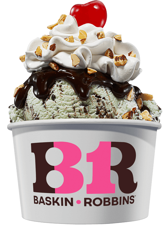 A baskin-robbins ice cream cup with two scoops topped with whipped cream, chocolate sauce, a cherry, and chopped nuts.