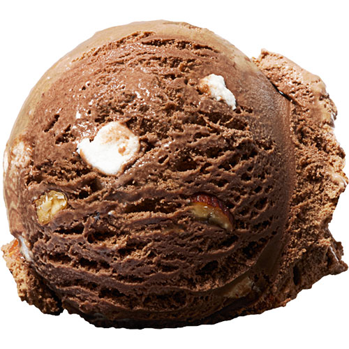 A single scoop of chocolate ice cream with nuts and white marshmallow pieces, isolated on a white background.