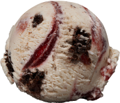 A scoop of vanilla ice cream with swirls of raspberry sauce and chunks of chocolate, isolated on a white background.