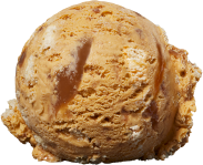 A single scoop of caramel ice cream with visible swirls, isolated on a white background.