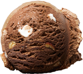 A single scoop of chocolate ice cream with visible chunks of nuts and marshmallow bits on a white background.