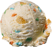 A single scoop of birthday cake flavored ice cream with colorful sprinkles.