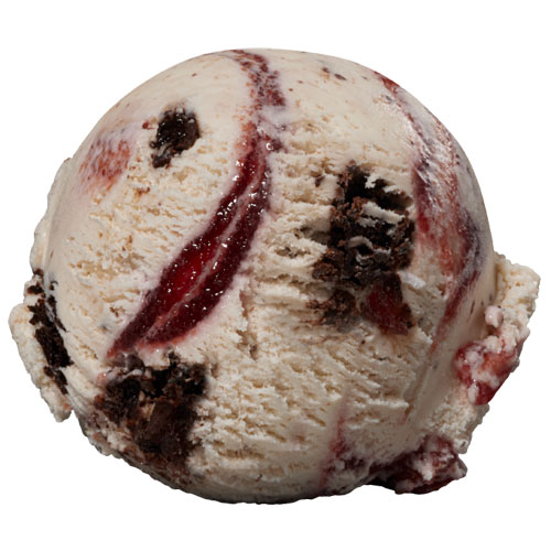 A single scoop of vanilla ice cream with swirls of raspberry sauce and chunks of chocolate, isolated on a white background.