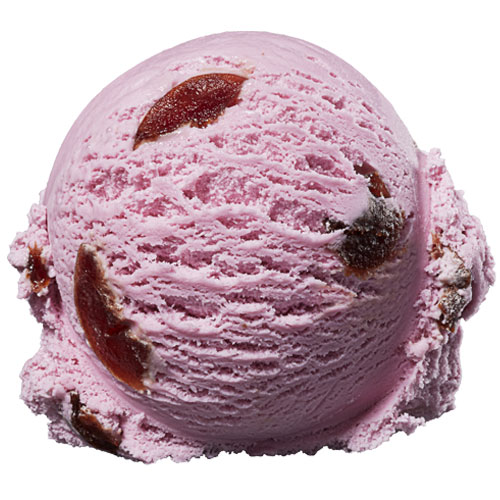 A single scoop of strawberry ice cream with visible fruit pieces, isolated on a white background.