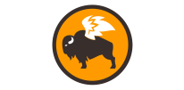 Logo featuring a black bison silhouette with a white lightning bolt on an orange circle background.