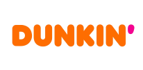 Logo of dunkin' with bold orange text and a pink apostrophe above the letter 'i'.