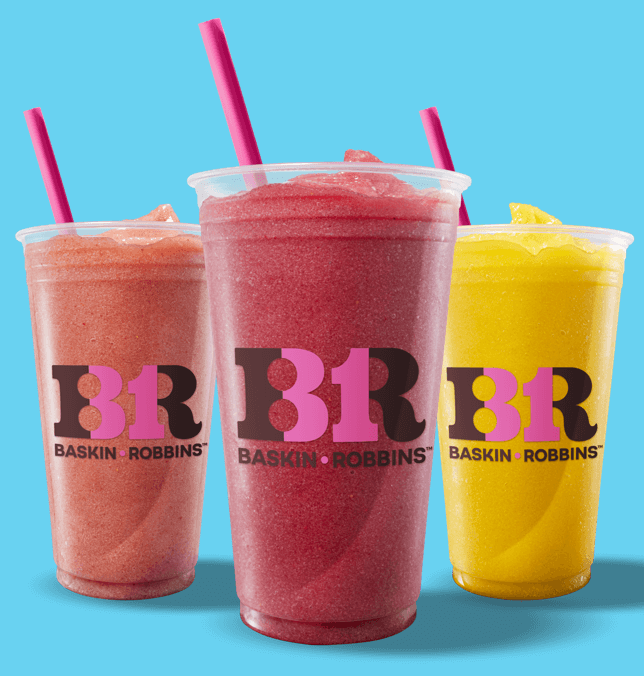 Three baskin-robbins branded frozen beverages in clear cups with pink straws, depicted against a blue background.