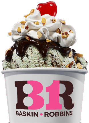 A baskin-robbins cup filled with mint chocolate chip ice cream topped with whipped cream, hot fudge, nuts, and a cherry.