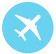 A simple white icon of an airplane centered on a light blue circular background.