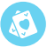 Light blue circle icon featuring a white stylized image of a deck of cards with two visible cards showing.