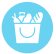 A blue circular icon featuring a white shopping bag filled with groceries, including bread, vegetables, and possibly a bottle.