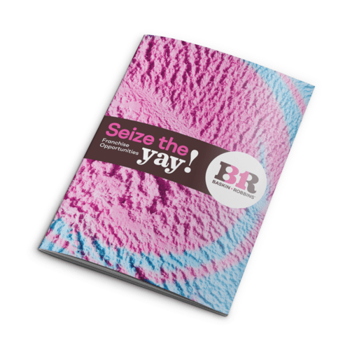 A promotional notebook with a vibrant pink and blue cotton candy design and baskin-robbins logo, featuring the slogan "seize the yay! franchise opportunities.